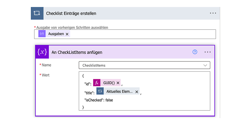 JSON-Struktur für Checklisteinträge füllen und im Array ChecklistItems ablegen
