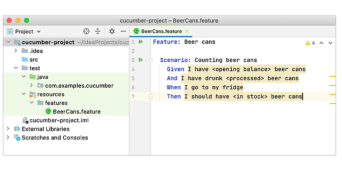 Beispiel einer Feature-Datei im Gherkin-Syntax (Quelle: https://www.jetbrains.com/help/idea/creating-feature-files.html#examples-scenario-outline)